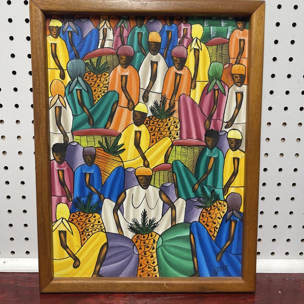 Signed Lewis Haitian Folk Art Figurative Canvas Painting Busy Market 17x13